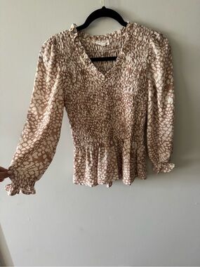 Blu Pepper Beige & White Smocked Peplum Blouse